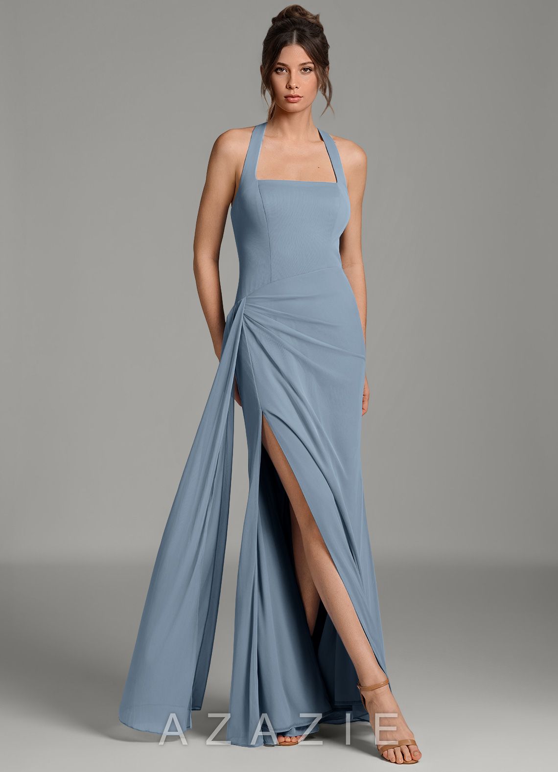 Azazie Ezra Dusty Blue Mermaid Pleated Mesh Dress