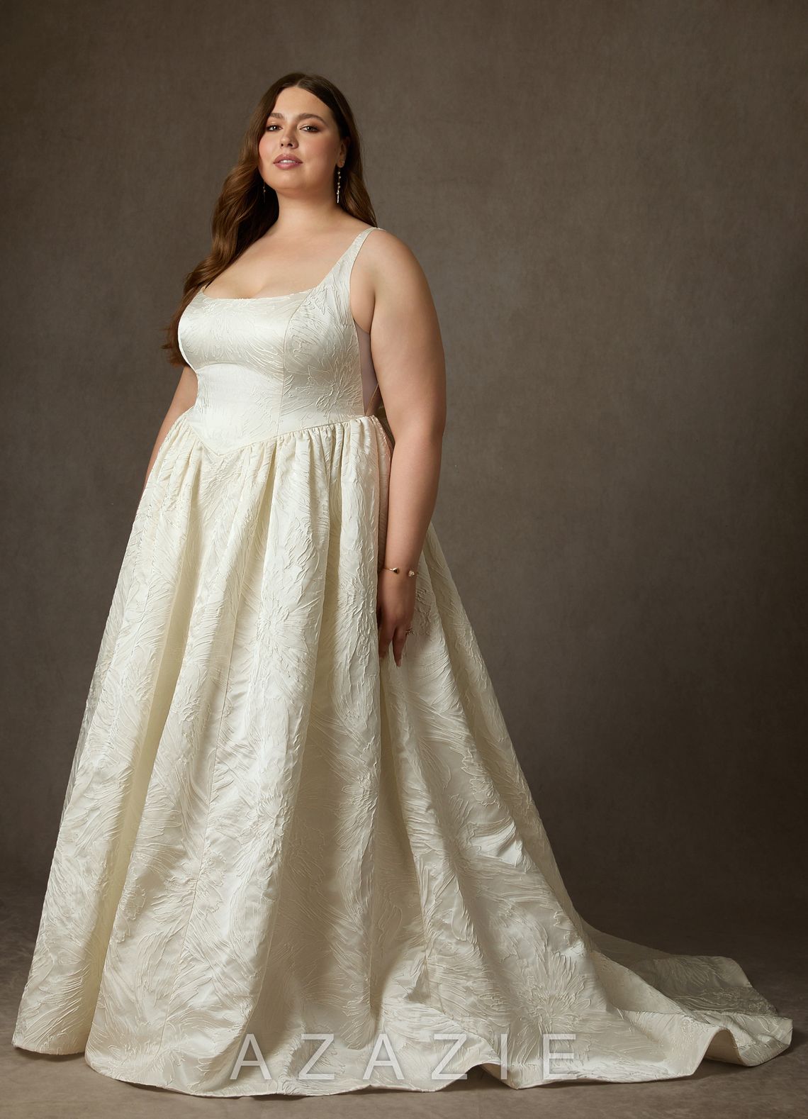 Azazie Skylin Antique White Ball-Gown with Pockets Floral Jacquard Dress antique_white