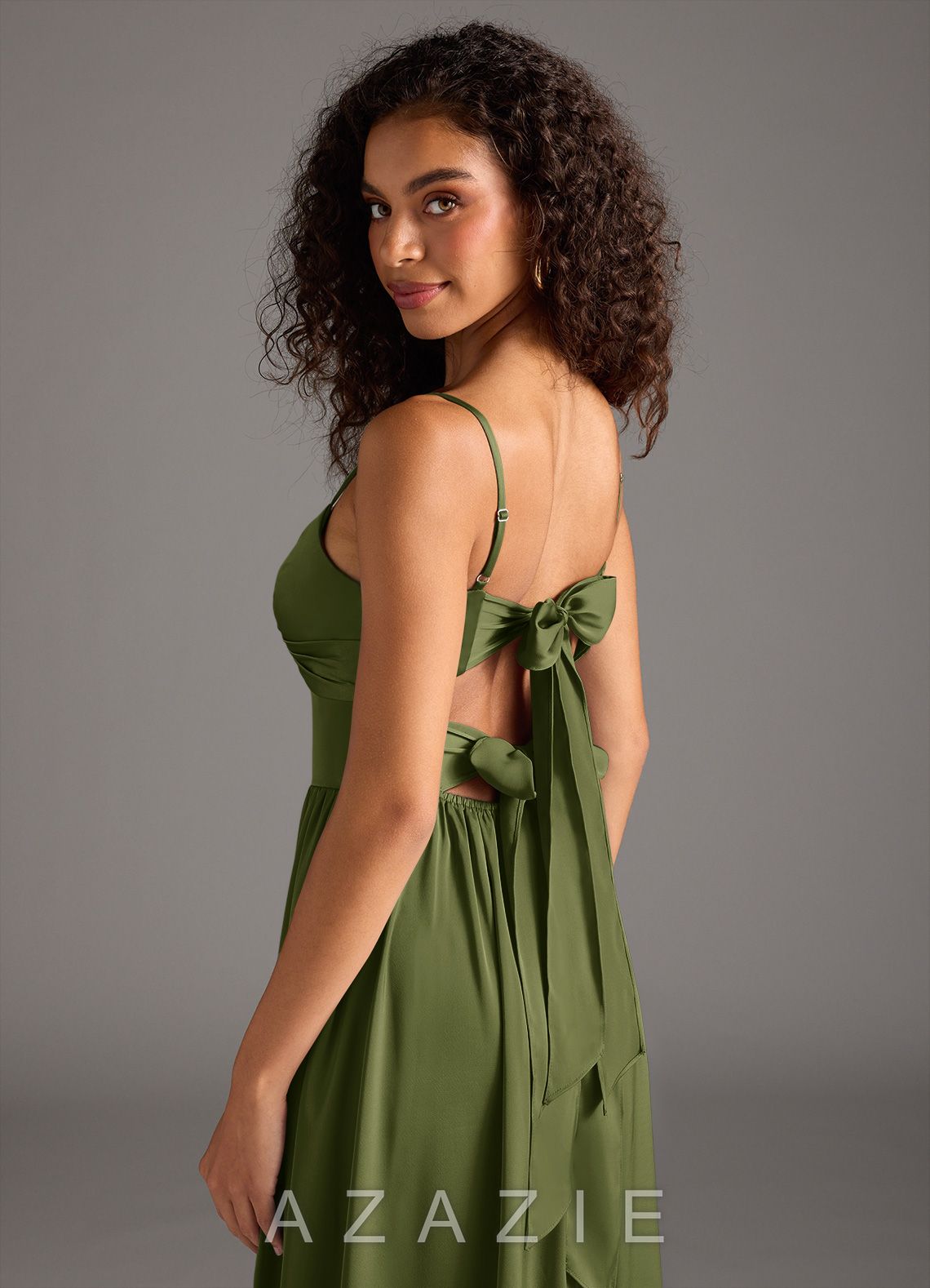 Azazie Zeya Olive A-Line Pleated Stretch Satin Dress olive