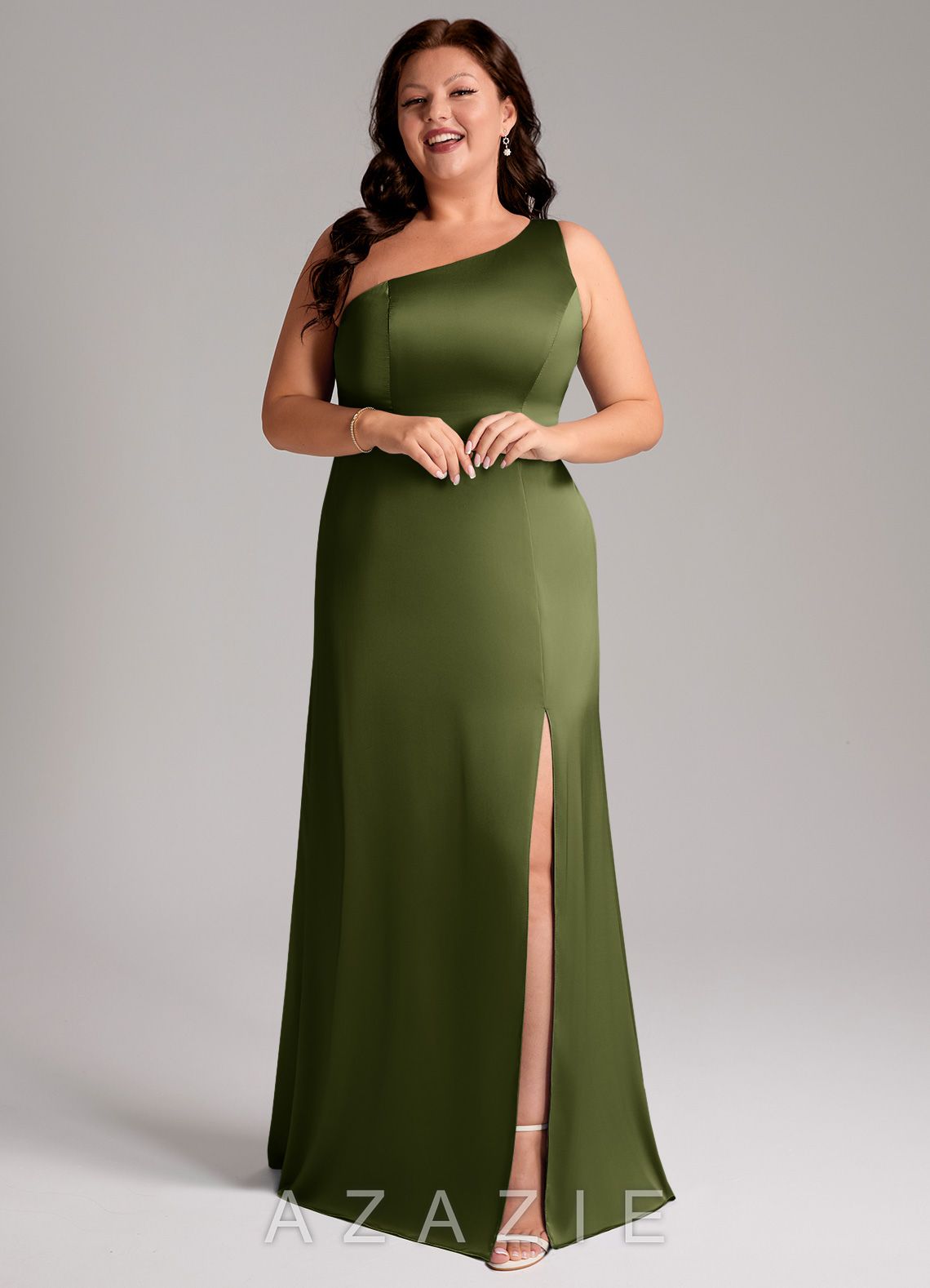 Azazie Phaedra Olive A-Line One Shoulder Stretch Satin Dress olive