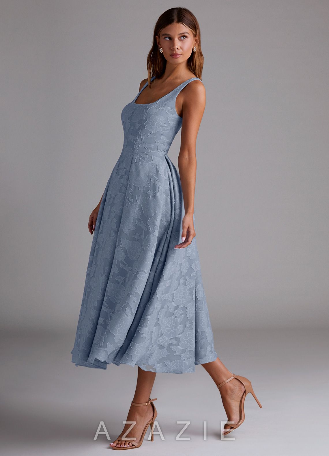 Azazie Amalie Dusty Blue A-Line Pleated Floral Burnout Dress dusty_blue