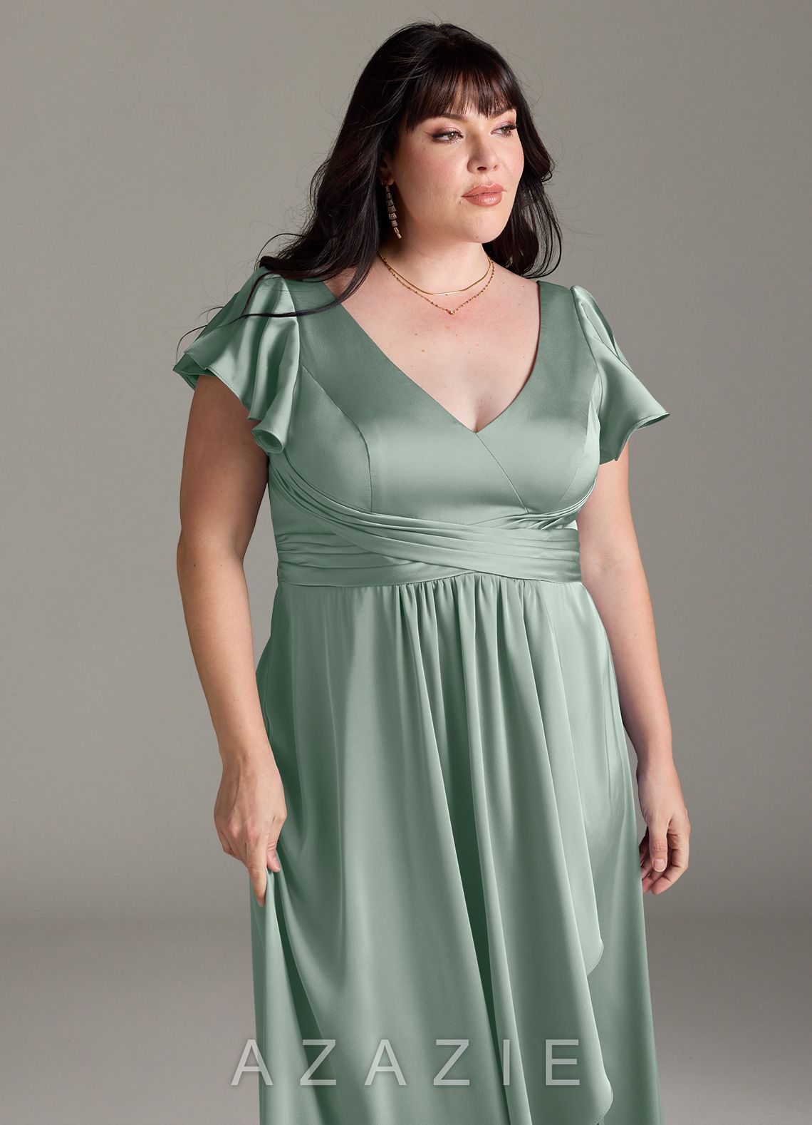 Azazie Omari Agave A-Line Stretch Satin Dress agave