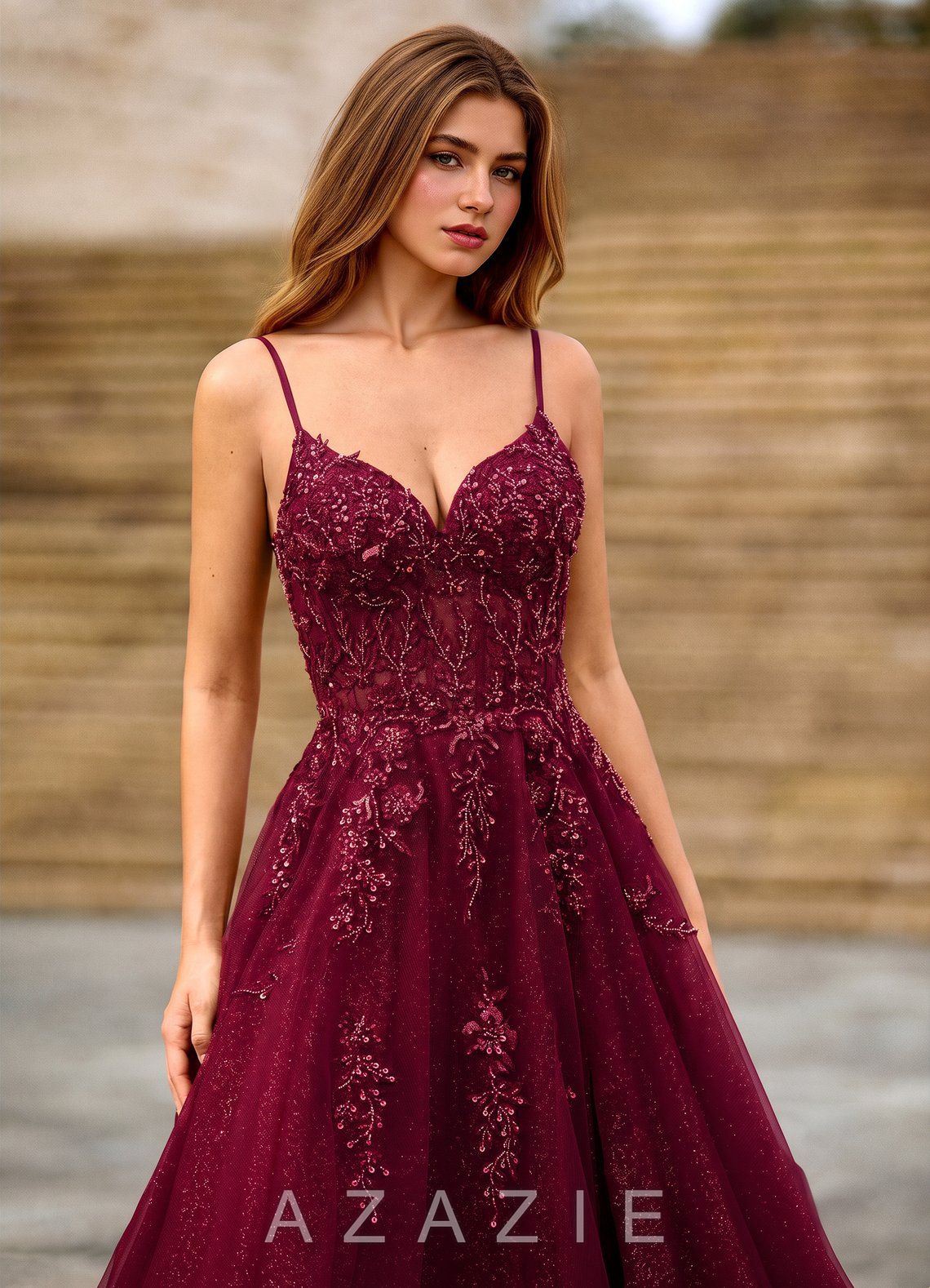 Clementinia Burgundy Sequin Embroidery Lace Beading Tulle Corset Maxi Dress