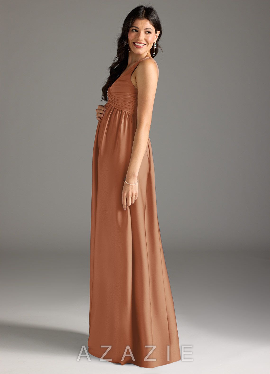 Azazie Yetta A-Line Pleated Stretch Satin Floor-Length Dress bronzer