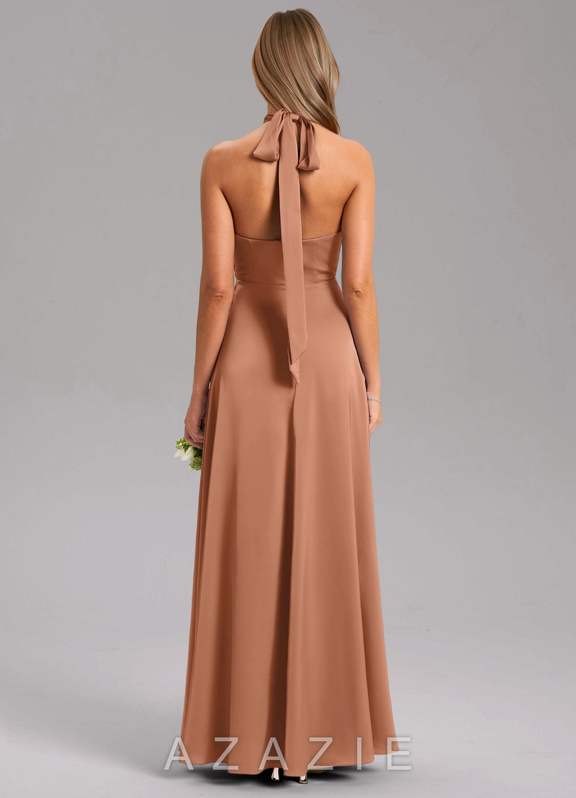 Azazie Tracie Bronzer A-Line Side Slit Stretch Satin Dress bronzer