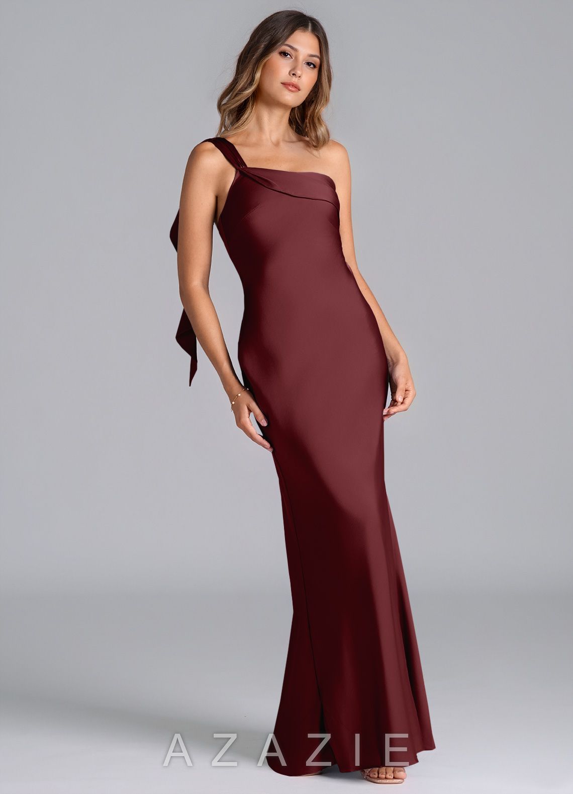 Azazie Driea Cabernet Mermaid One Shoulder Stretch Satin Dress