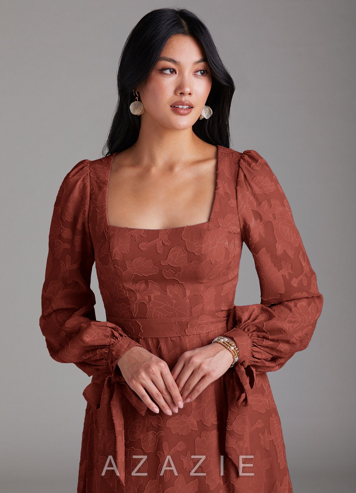 Azazie Leonia Terracotta A-Line Long Sleeve Floral Burnout Dress terracotta