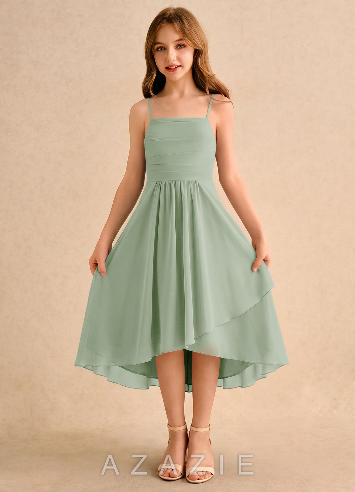 Azazie Twilight Dance Girls Formal Dusty Sage A-Line Pleated Chiffon Dress dusty_sage