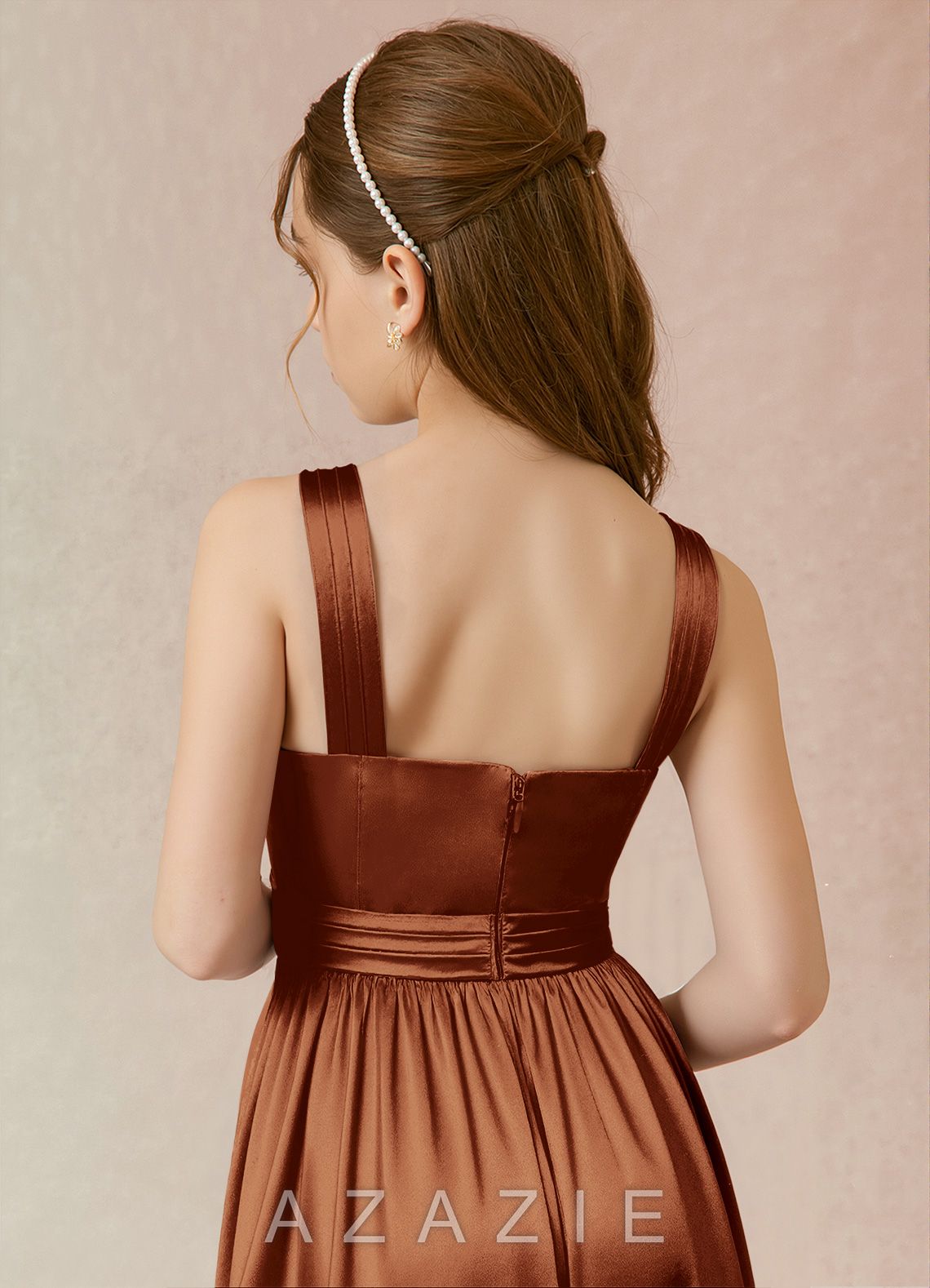 Azazie Jiya Junior Auburn A-Line Pleated Metallic Satin Dress auburn