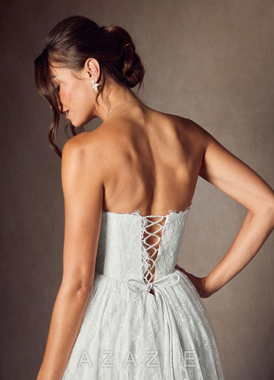 Azazie Lorena Diamond White A-Line Strapless Lace Dress