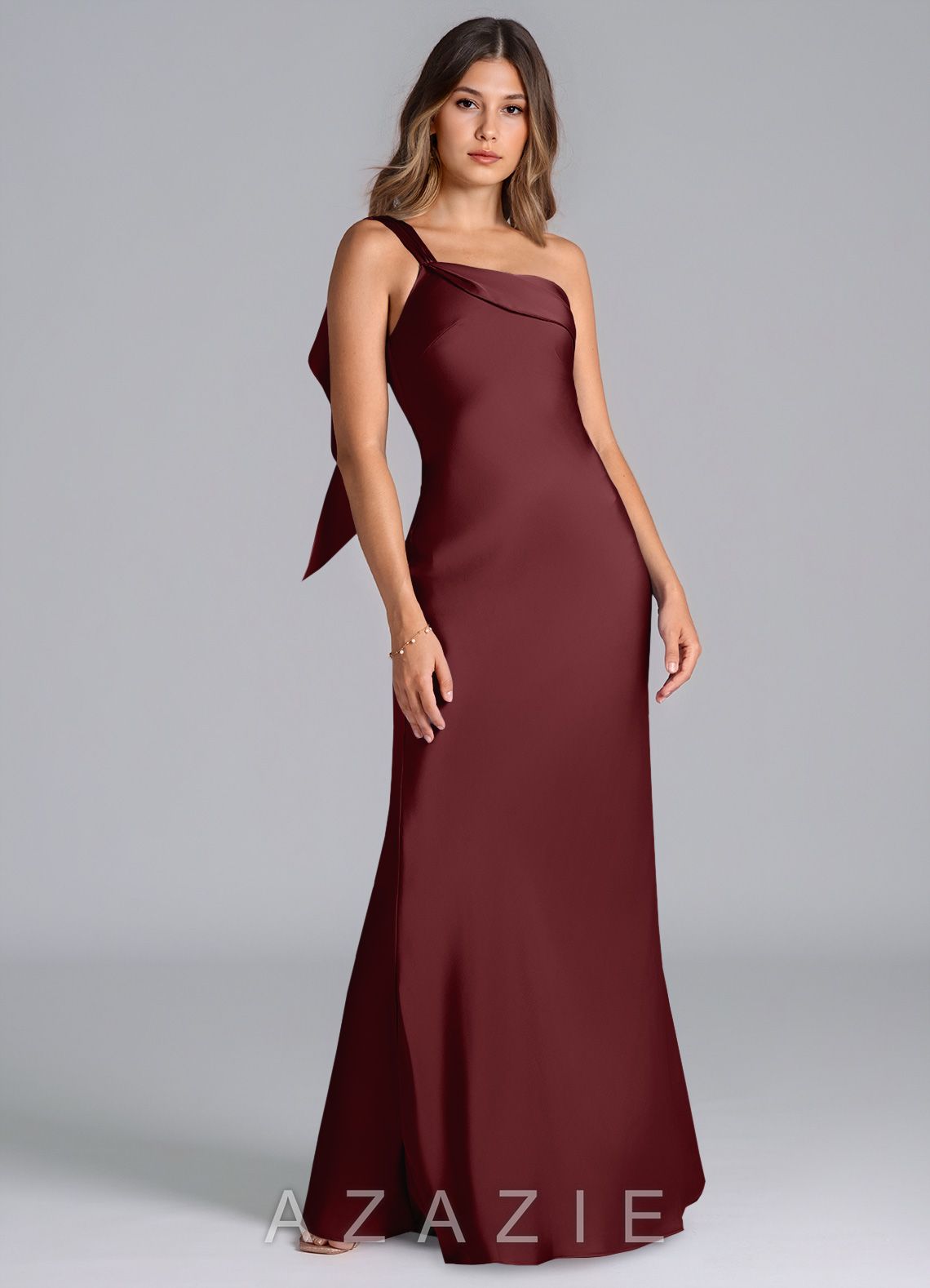 Azazie Driea Cabernet Mermaid One Shoulder Stretch Satin Dress cabernet
