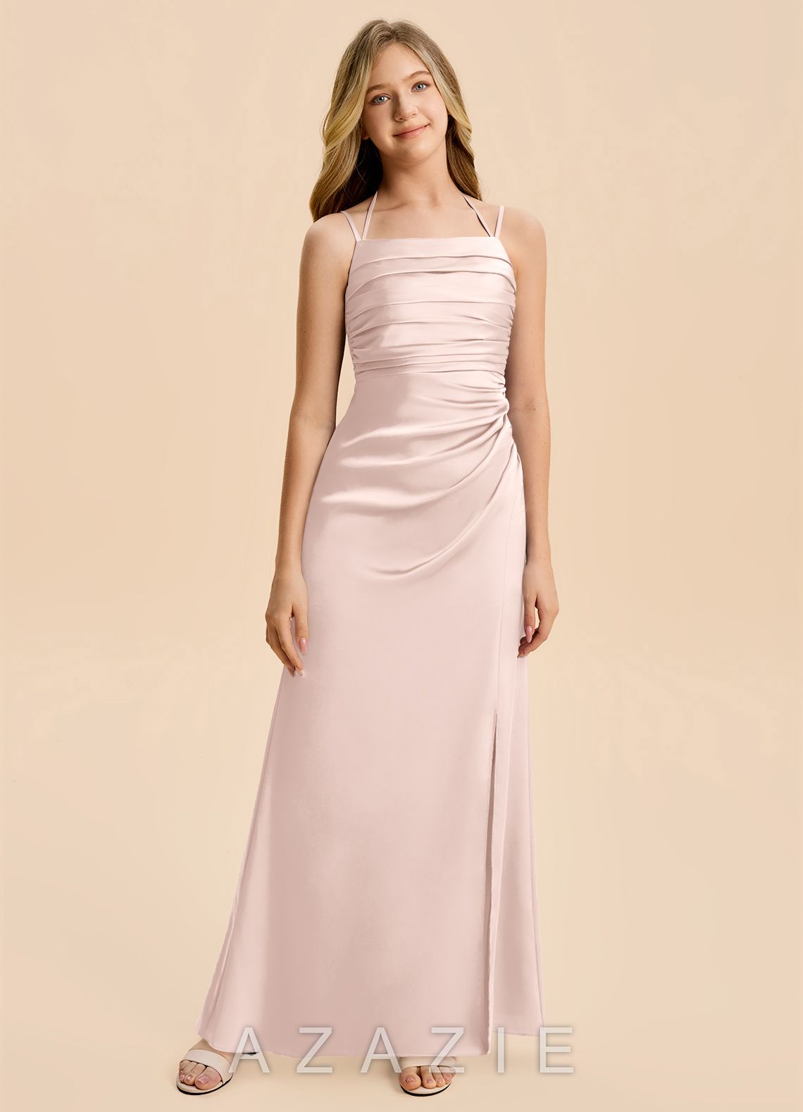 Azazie Nova Junior Blushing Pink Sheath Pleated Stretch Satin Dress blushing_pink