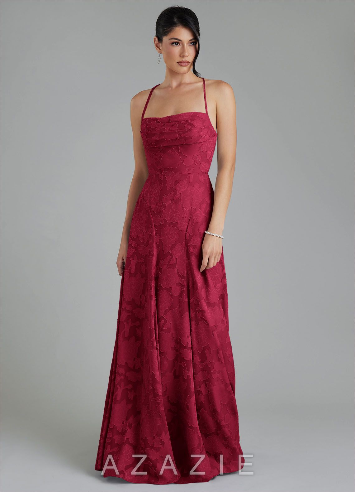 Azazie Tatum Burgundy A-Line Corset Floral Burnout Dress