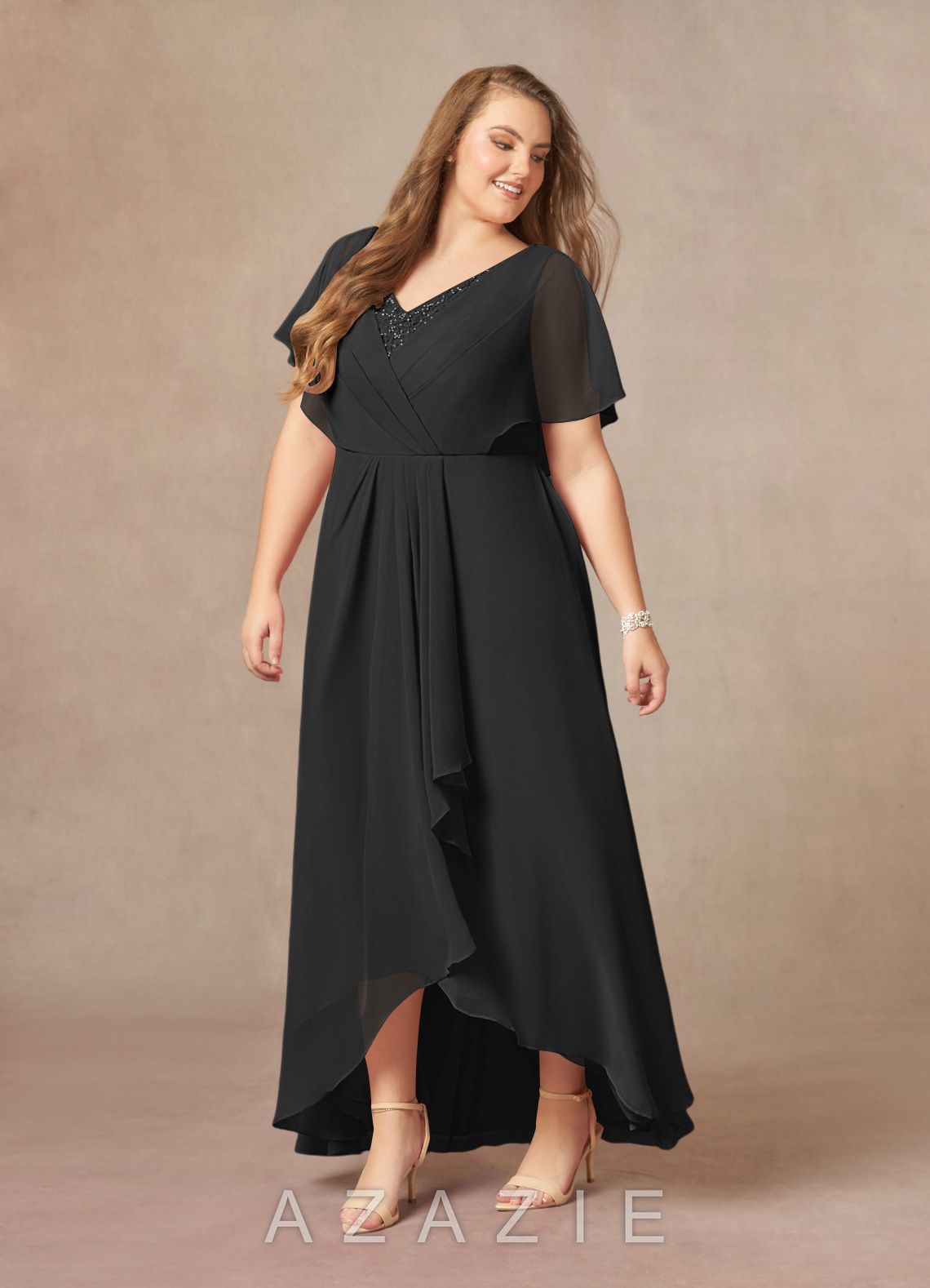 Azazie Eliza Black A-Line V-Neck Pleated Chiffon Dress black