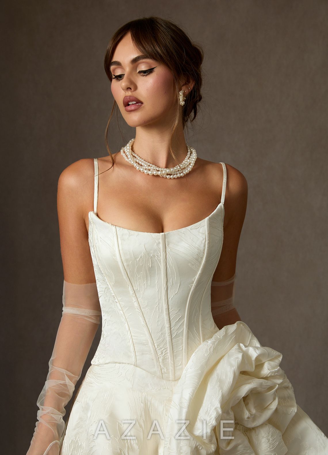 Azazie Kloe Antique White Ball-Gown Strapless Floral Jacquard Dress antique_white