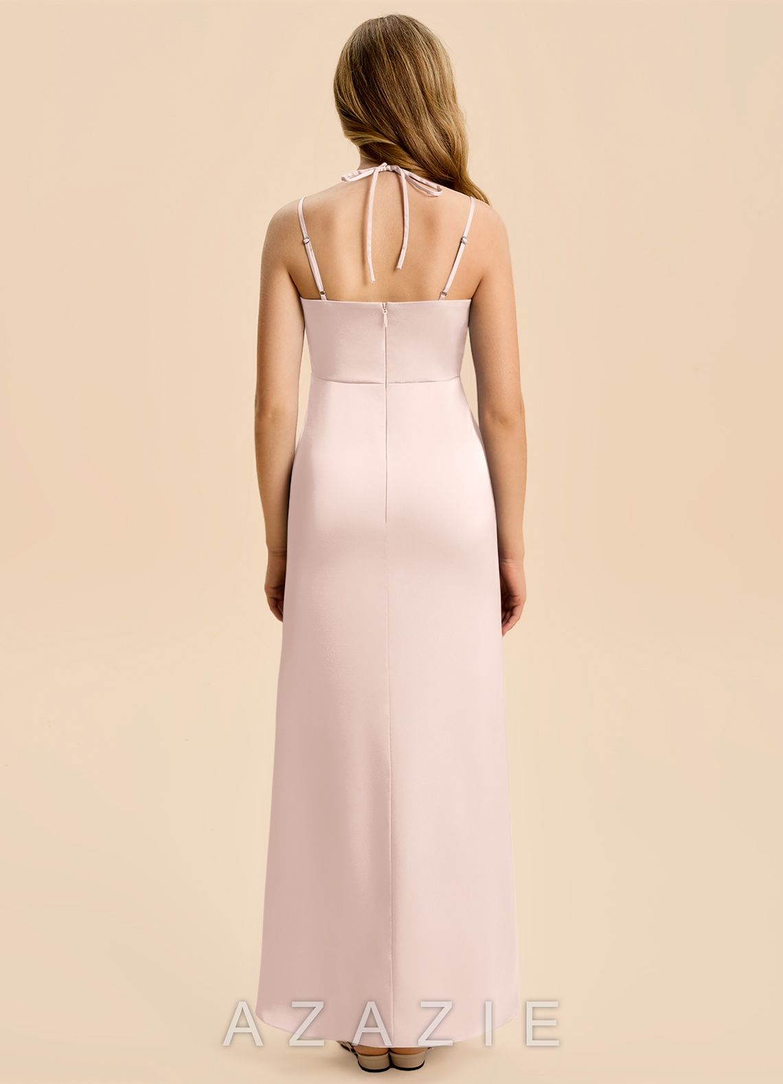 Azazie Nova Junior Blushing Pink Sheath Pleated Stretch Satin Dress blushing_pink