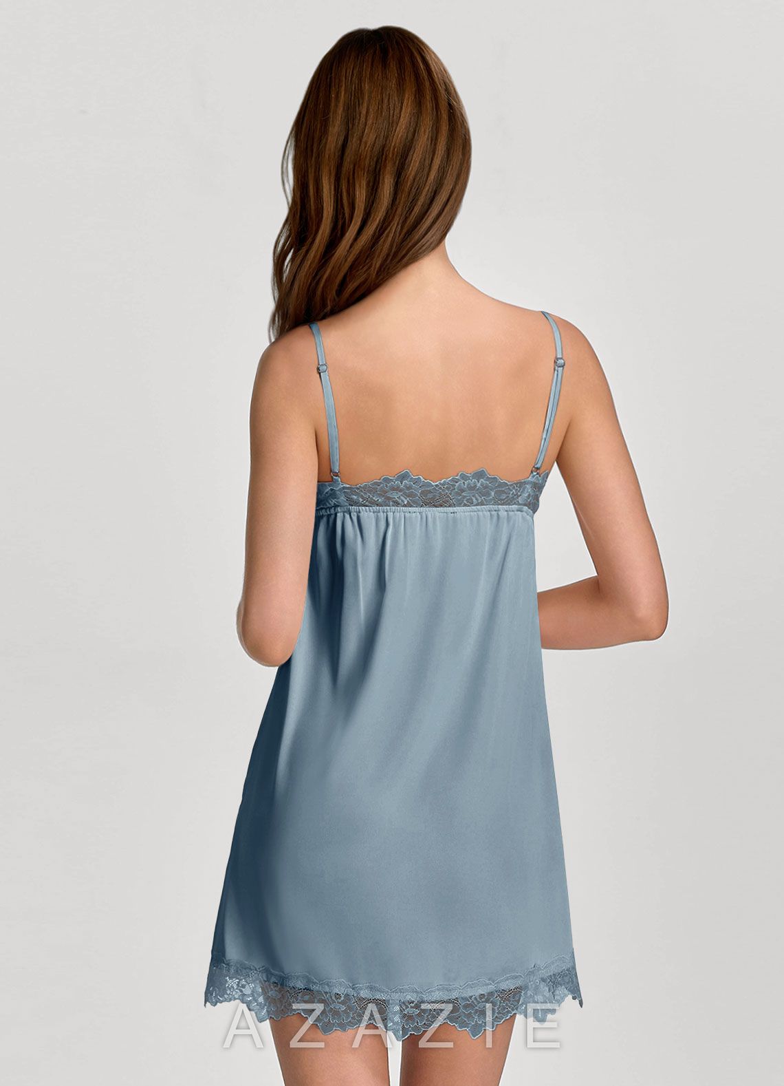 Satin Lace Bridal Chemise Slip Nightgown  dusty_blue