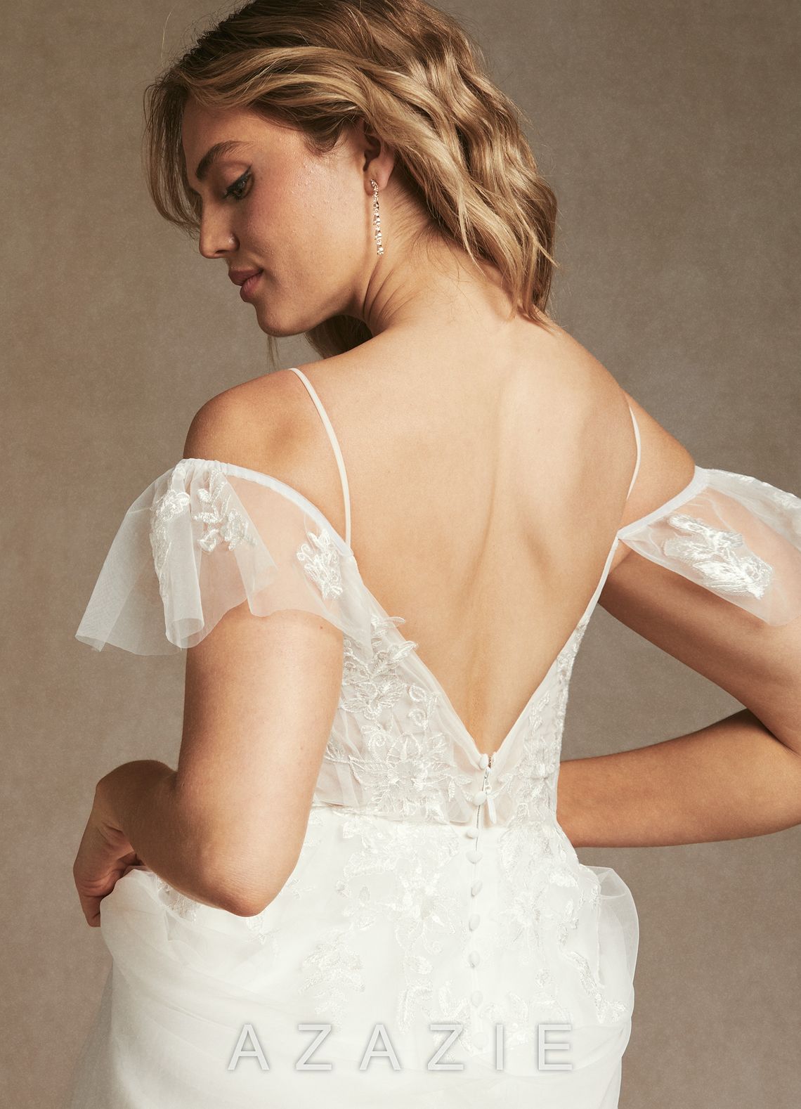 Azazie Iva Wedding Dress Diamond White Champagne A-Line V-Neck Sequins Tulle Dress diamond_white/champagne