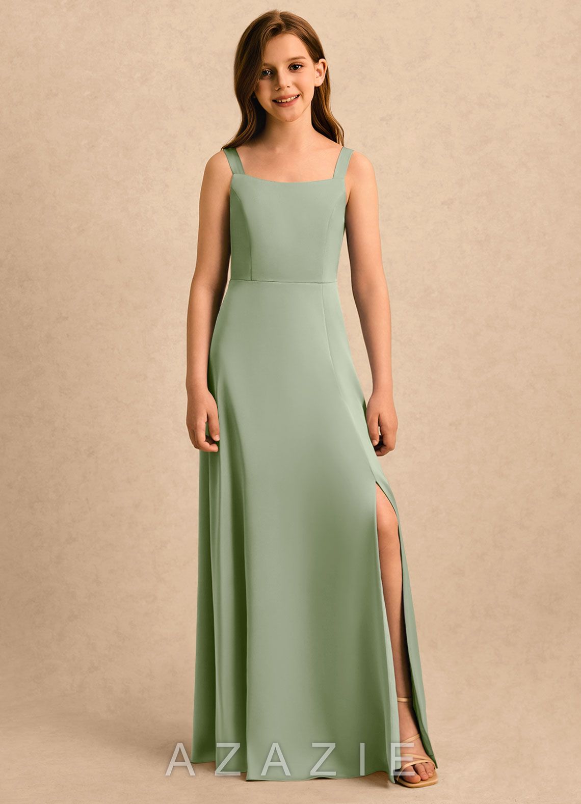 Azazie June Girls Formal Dusty Sage A-Line Lace Stretch Satin Dress dusty_sage