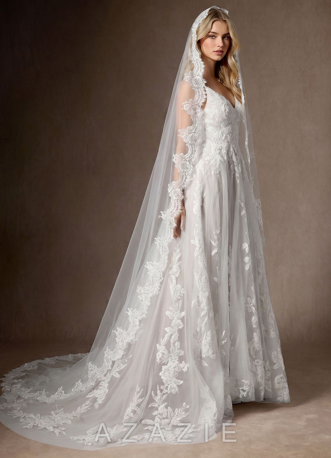 Floral Lace Edge Two Tier Fingertip Wedding Veil with Blusher  diamond_white