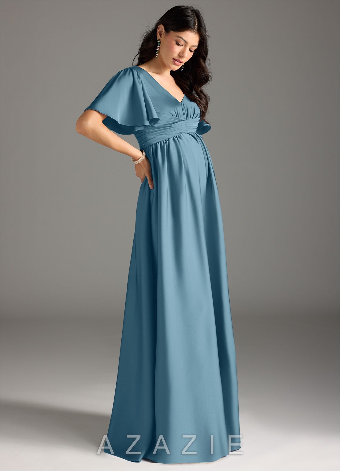 Azazie Verna A-Line Ruched Stretch Satin Floor-Length Dress bermuda