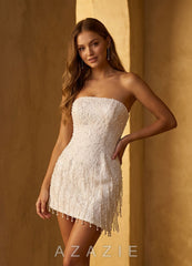 Mahault White Strapless Beaded Fringe Lace Up Mini Dress