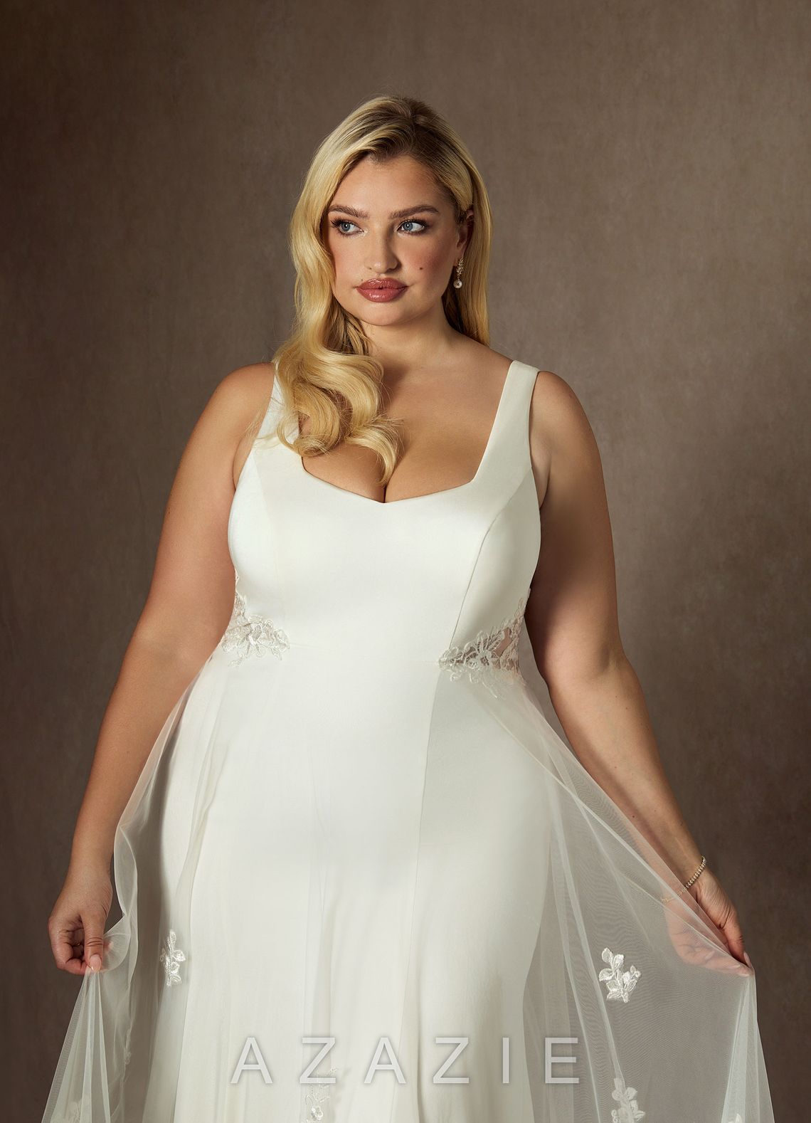 Azazie Ebony Wedding Dress Cream A-Line Sequins Crepe Back Satin Dress cream