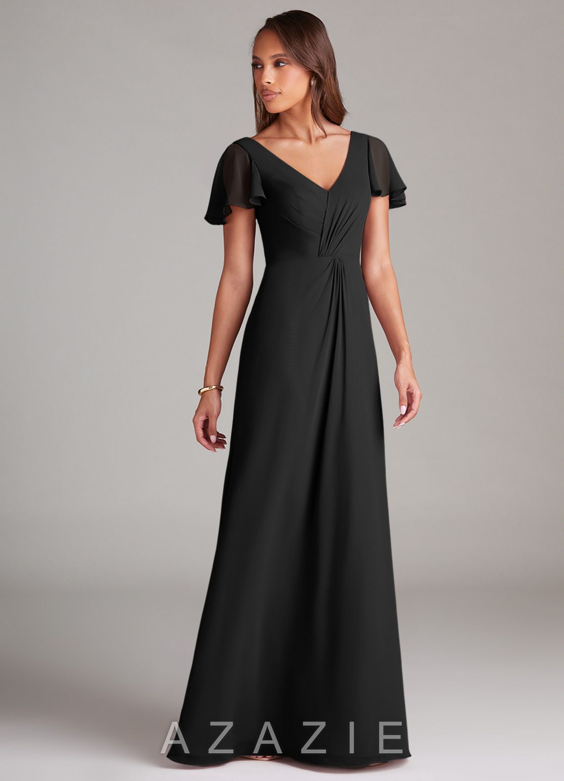 Azazie Soren Black A-Line Ruched Chiffon Dress black