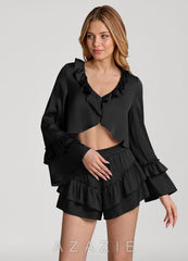 Ruffled Flared Sleeve Satin Pajama Set