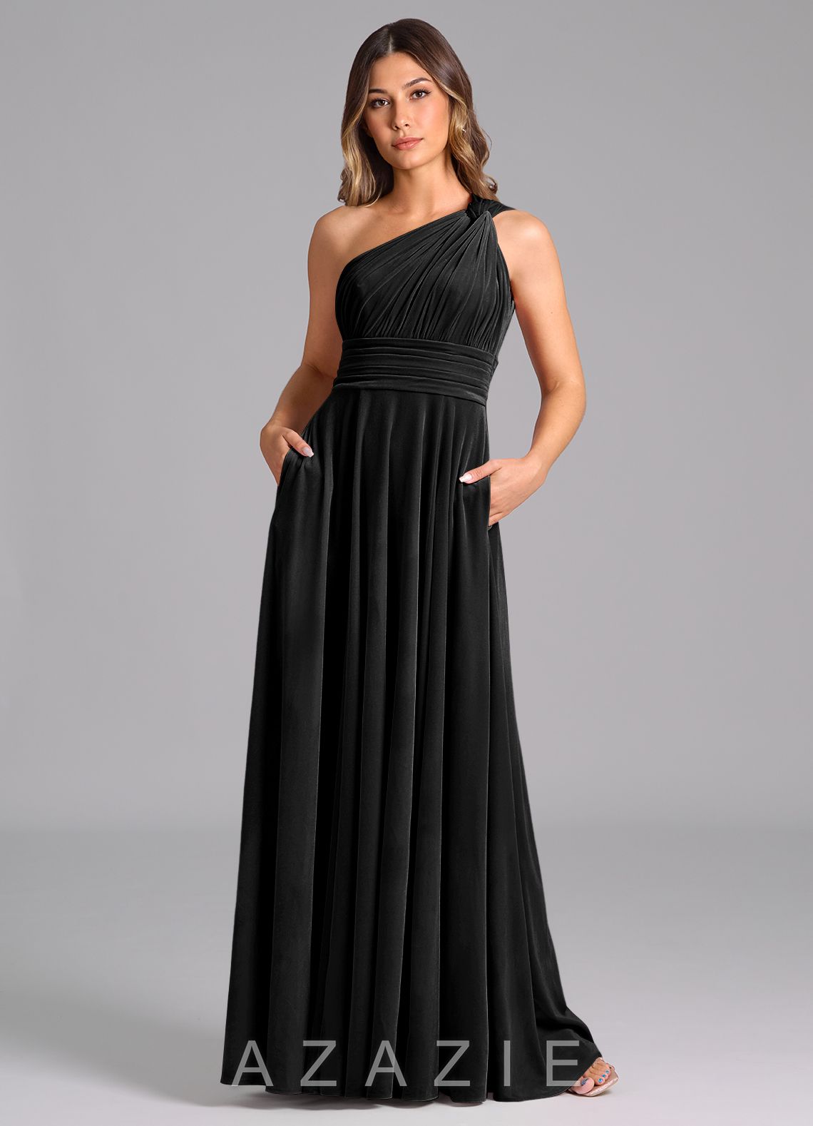 Azazie Charlize Black A-Line One Shoulder Velvet Dress black