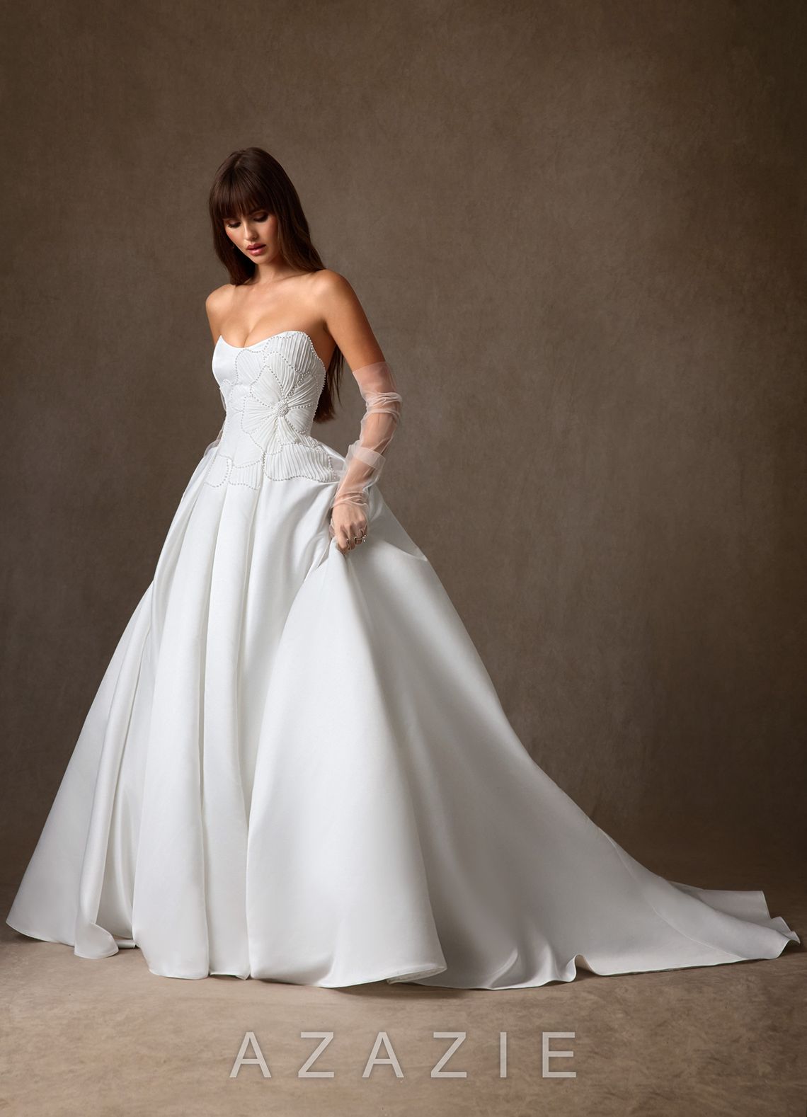Azazie Harper Diamond White Ball-Gown Strapless Satin Dress