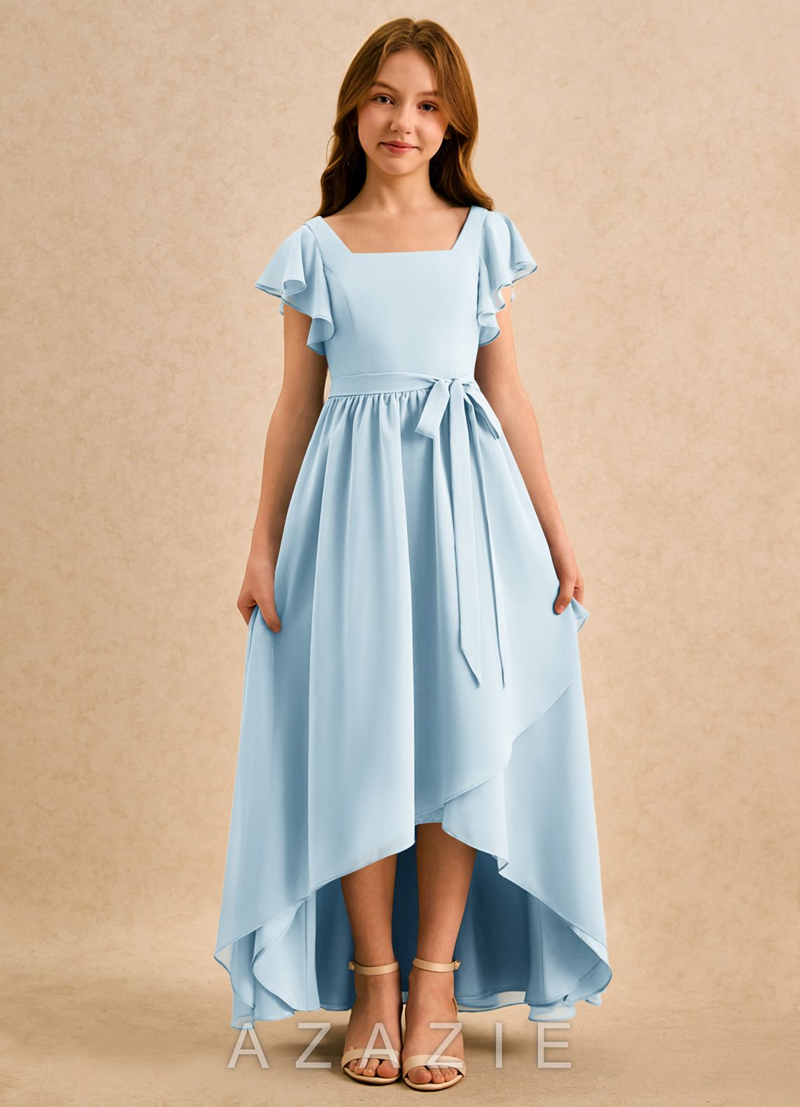 Azazie Milly Girls Formal Sky Blue A-Line Pleated Chiffon Dress sky_blue