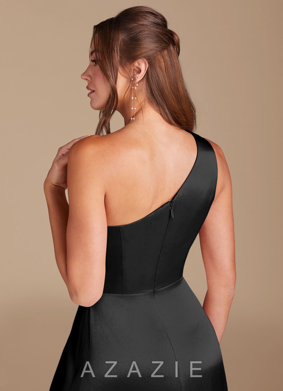 Azazie Brooke Black A-Line One Shoulder Metallic Satin Dress black