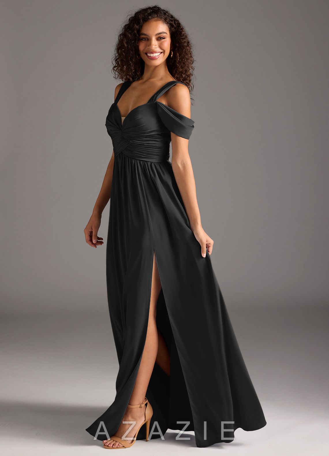 Azazie Lianne Black A-Line Off the Shoulder Stretch Satin Dress black