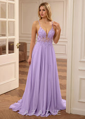 Lolanthe Purple V-neck Floral Embroidery Lace Prom Dress