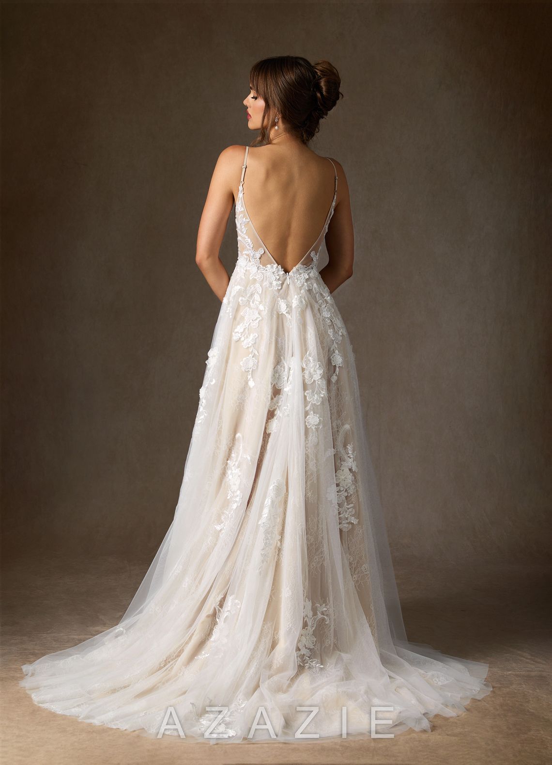 Azazie Monda Wedding Dress Diamond White Champagne A-Line Lace Tulle Dress