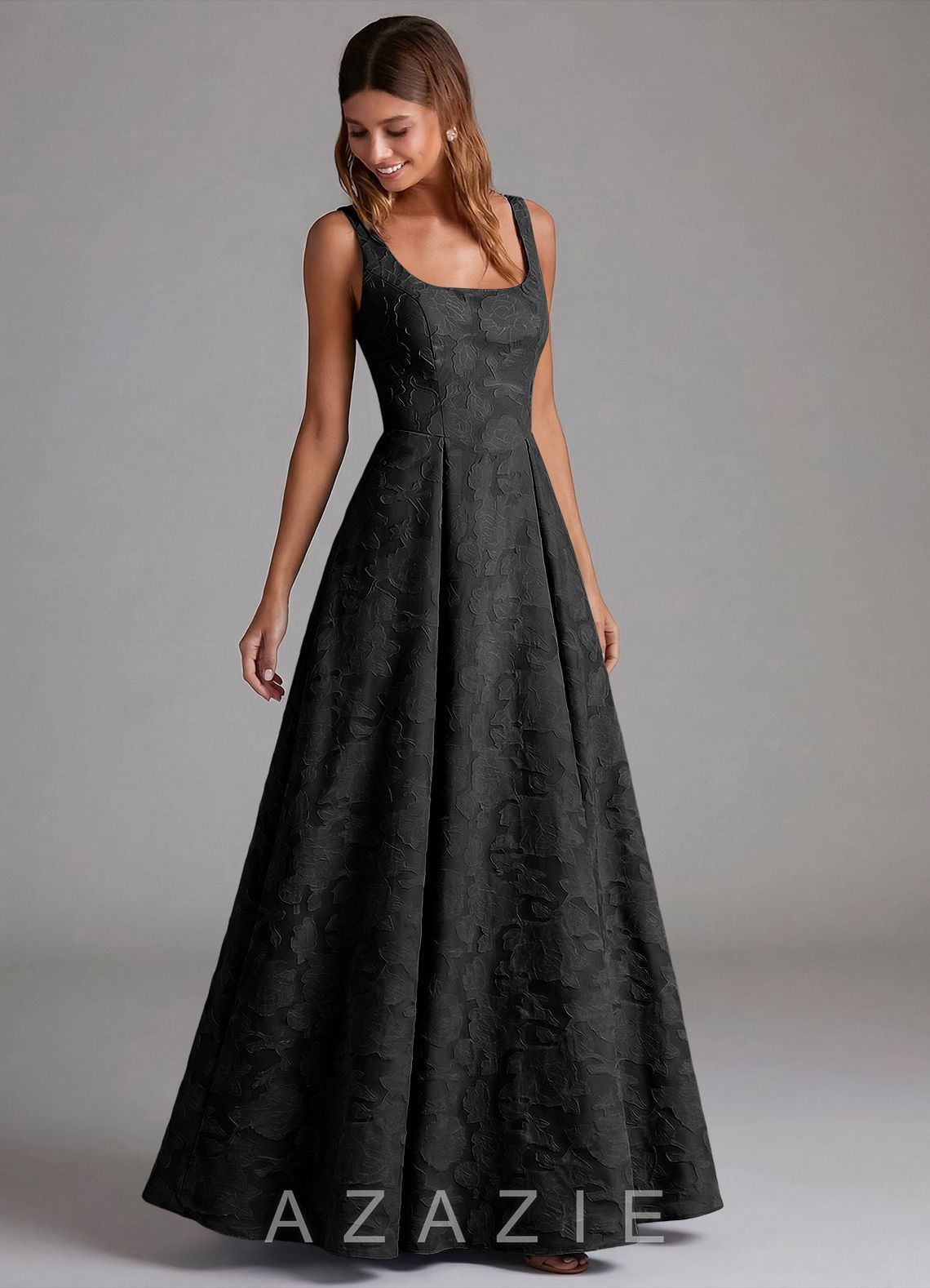Azazie Amalie Black A-Line Pleated Floral Burnout Dress black