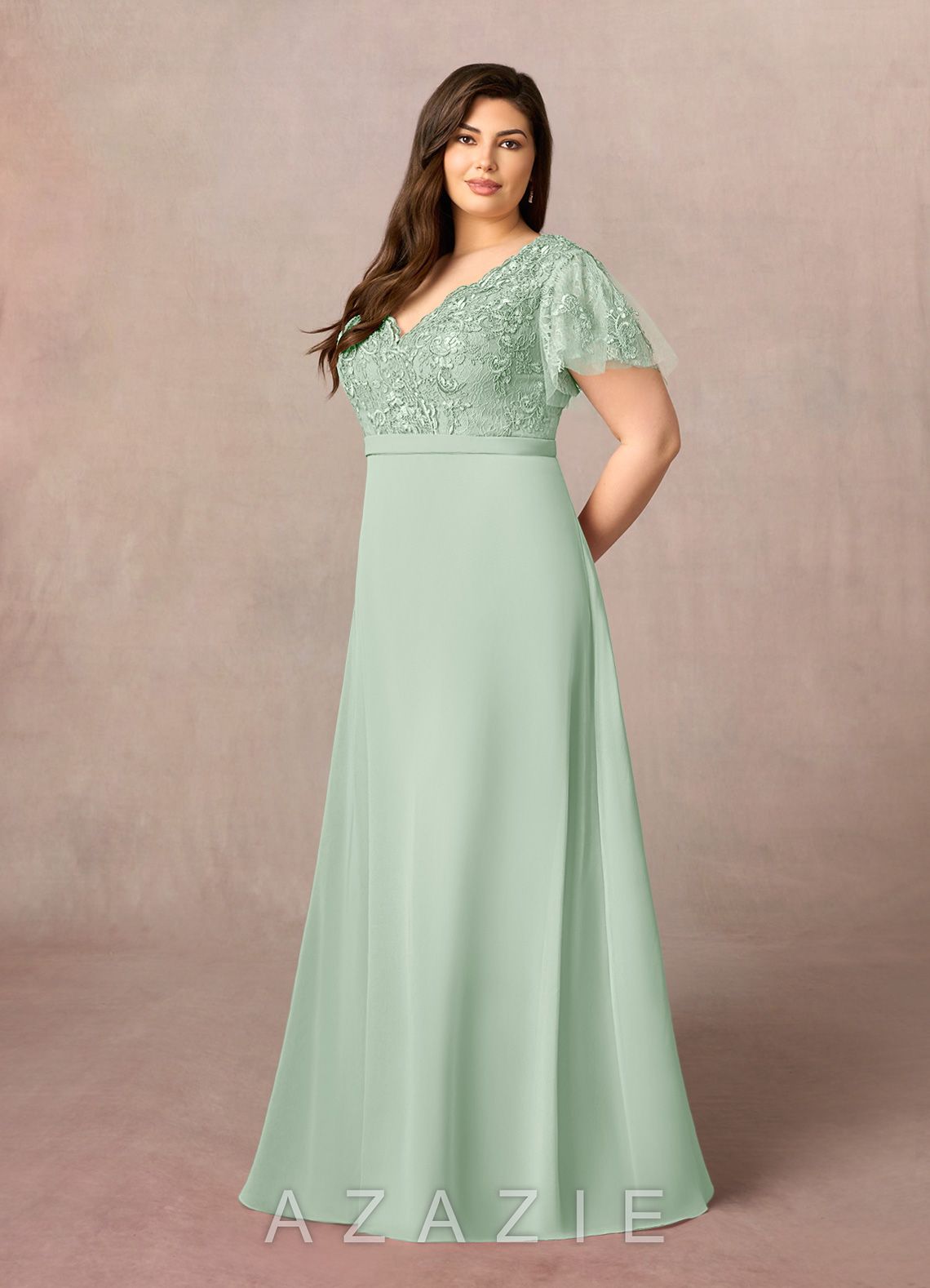 Azazie Singer Agave A-Line V-Neck Lace Chiffon Dress agave