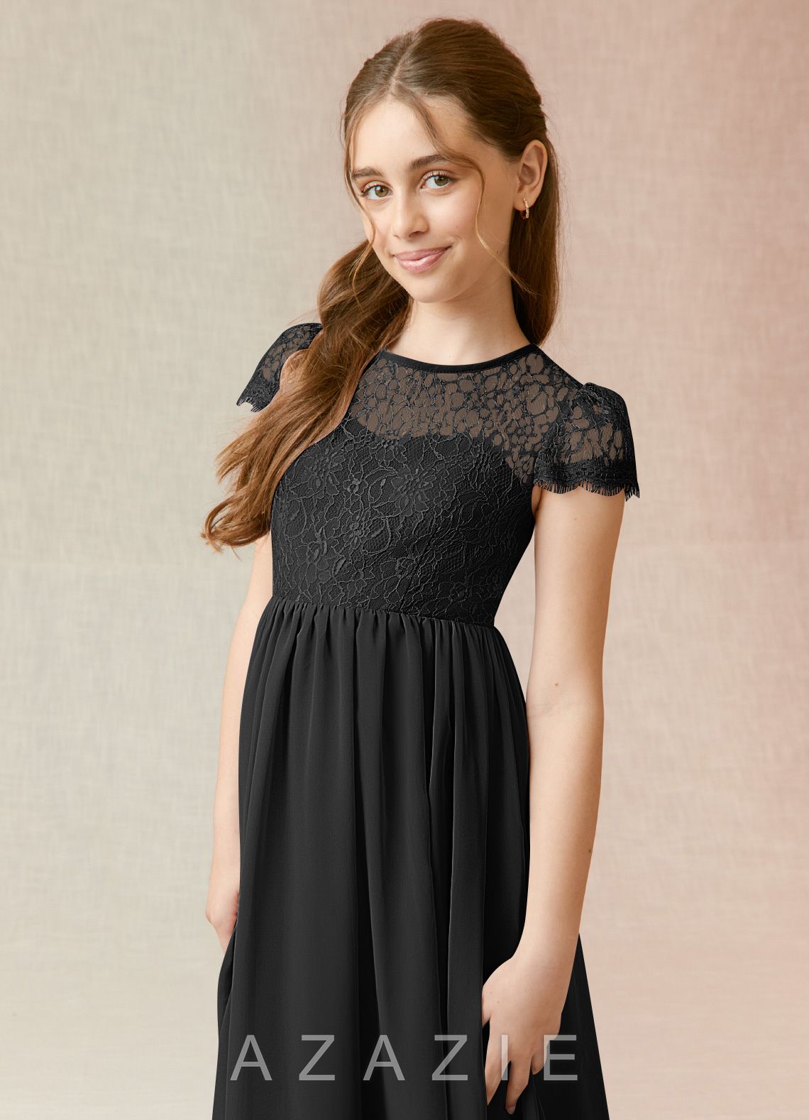 Azazie Delevingne Junior Black A-Line Lace Chiffon Dress black