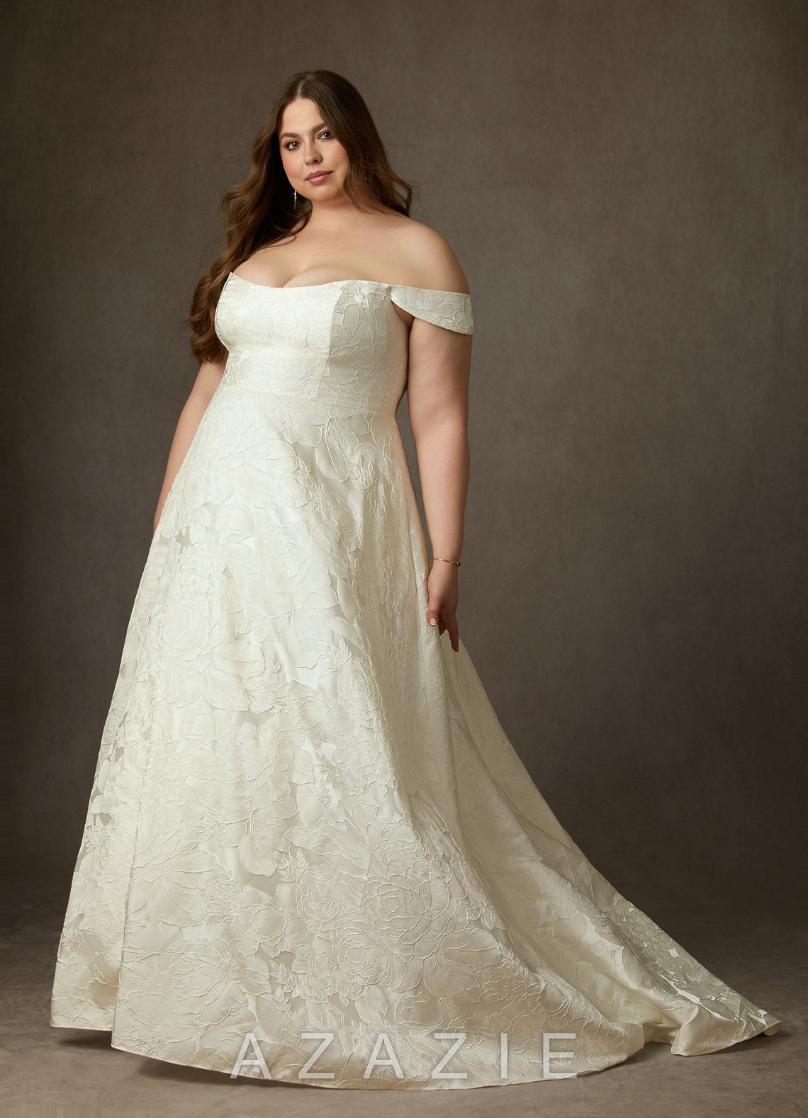 Azazie Amaya Antique White Ball-Gown Strapless Floral Jacquard Dress antique_white