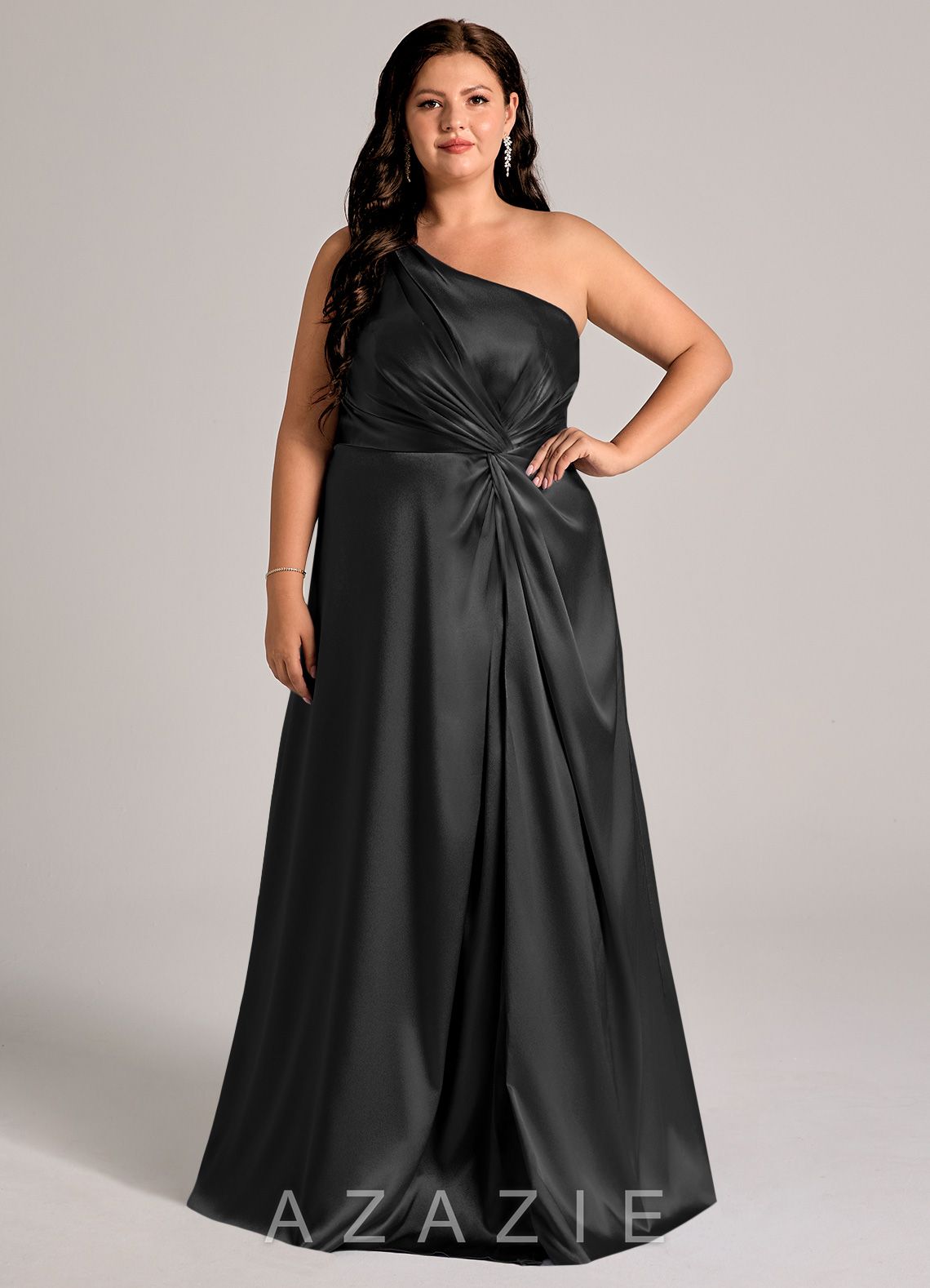 Azazie Brooke Black A-Line One Shoulder Metallic Satin Dress black