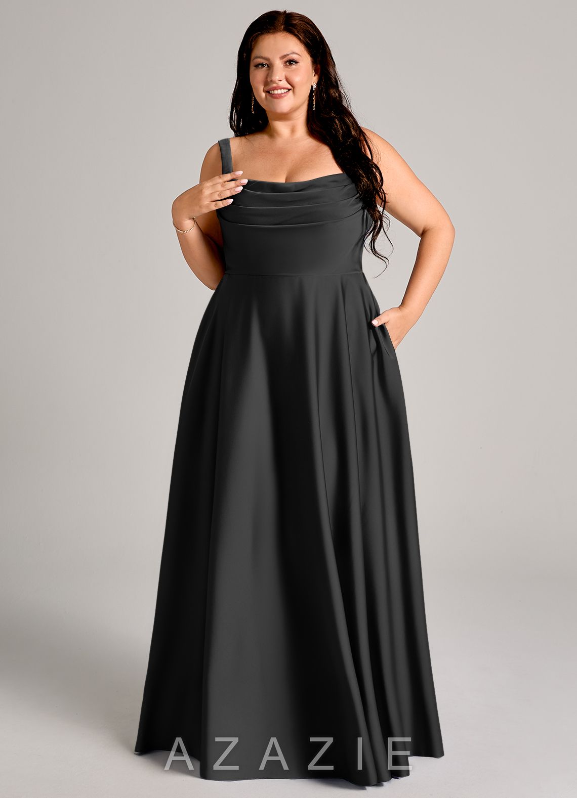 Azazie Shaude Black A-Line Pleated Stretch Satin Dress black