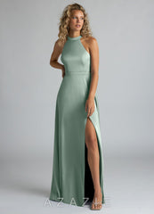 Azazie Clarice Agave A-Line High Neck Stretch Satin Dress agave
