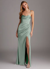 Azazie Brookelle Agave Sheath Sweetheart Corset Stretch Satin Dress agave