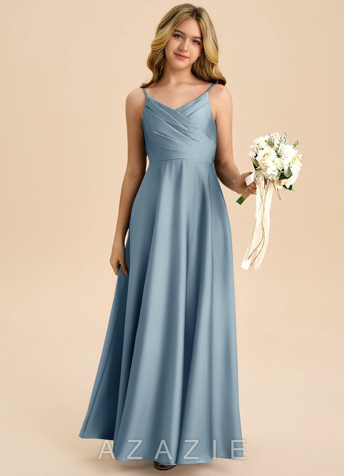 Azazie Bug Junior Dusty Blue A-Line Pleated Stretch Satin Dress
