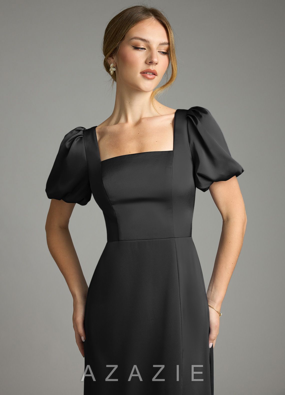 Azazie Fyona Black A-Line Pleated Stretch Satin Dress black
