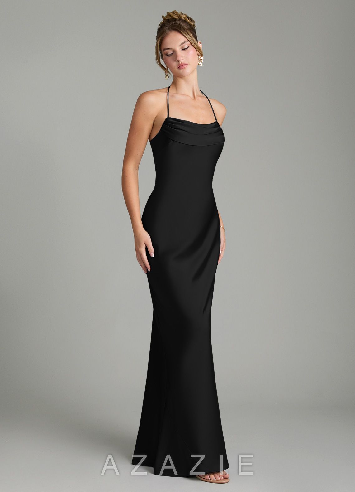 Azazie Mae Black Mermaid Pleated Stretch Satin Dress black