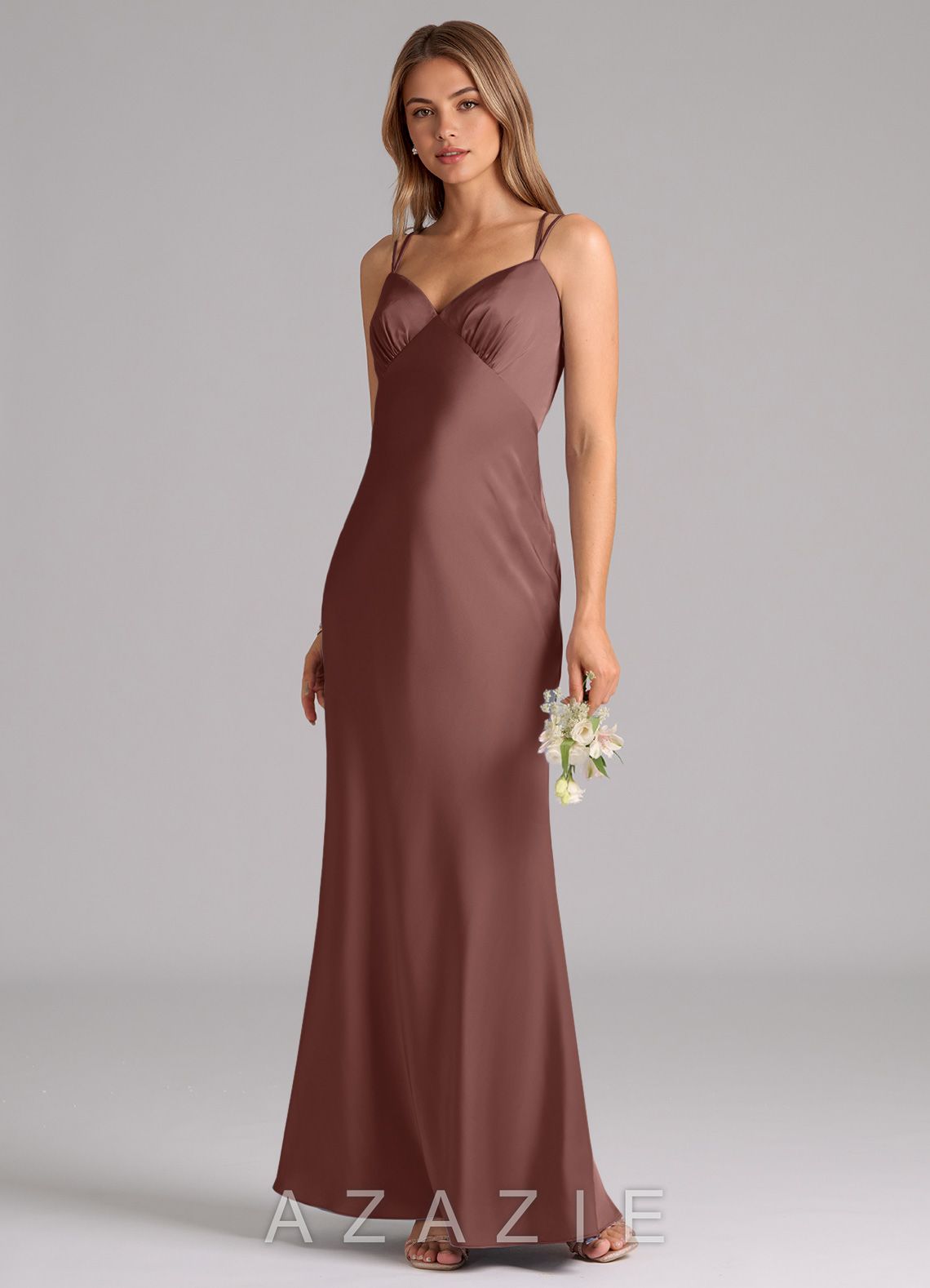 Azazie Suttona Espresso A-Line Pleated Stretch Satin Dress espresso
