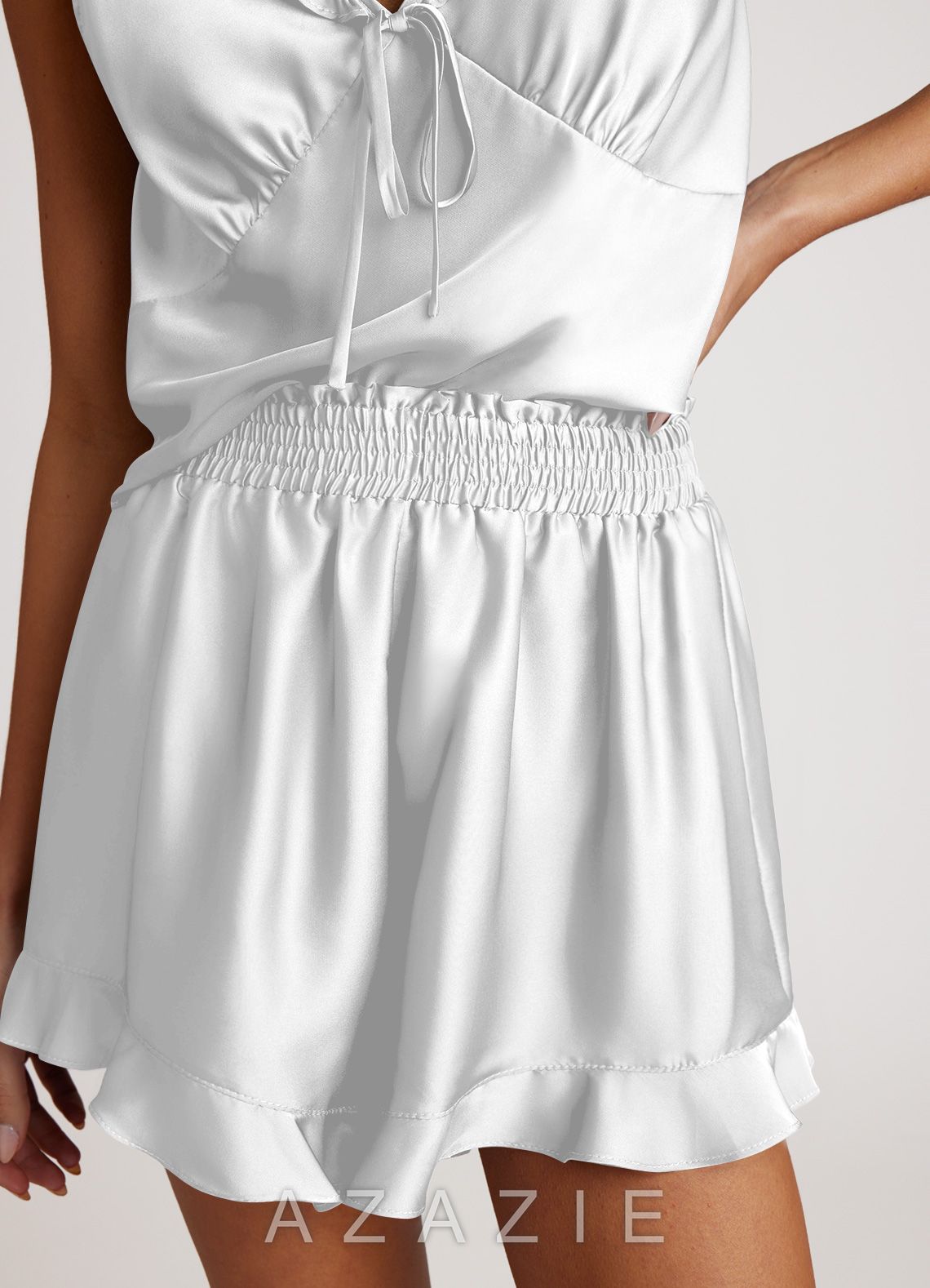 Satin Ruffled Pajama Set  white