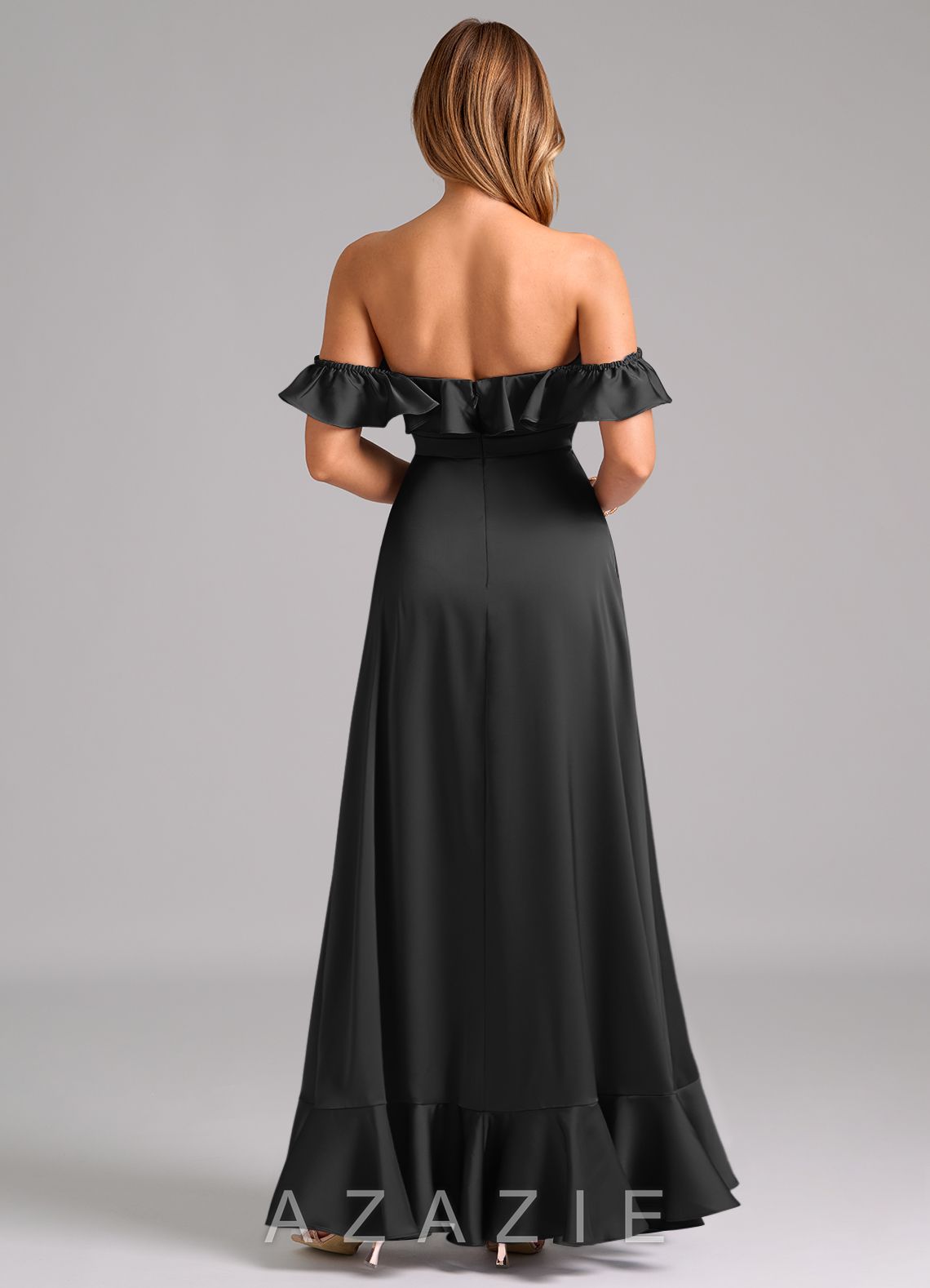 Azazie Lyra Black A-Line Off the Shoulder Stretch Satin Convertible Dress black